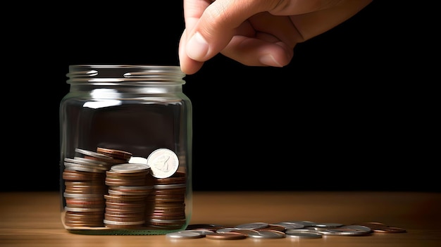 man hand jar with coins on the desk Generative AI