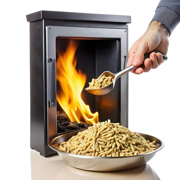 man hand loading a pellet stove