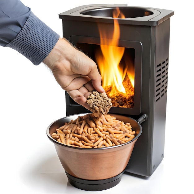 man hand loading a pellet stove