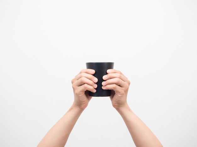 Man hand show coffee cup in hand isolated