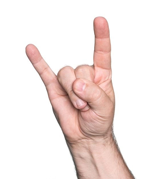 Man hand showing the Rock and Roll sign isolated on white background