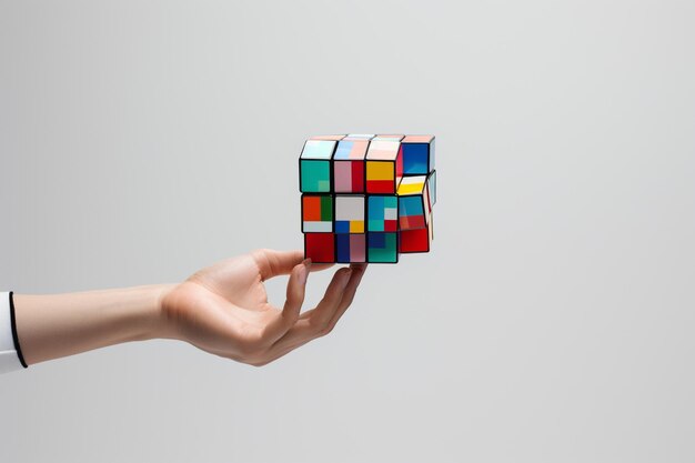 Man hand tossing a floating rubix cube on white background