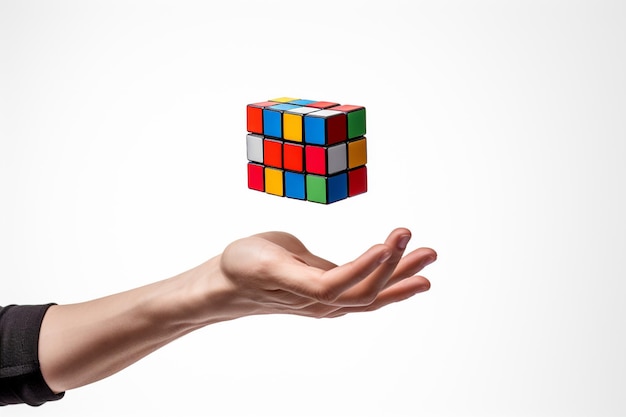 Man hand tossing a floating rubix cube on white background