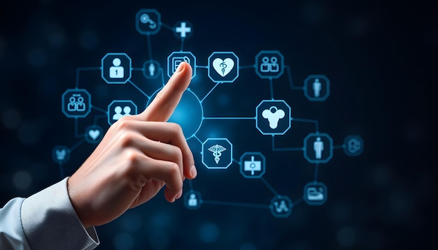 Photo man hand touch on virtual medical health care icons on network technology isolated with white