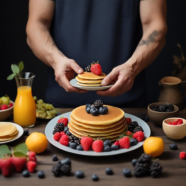 Man hands hold plate with pancakes and fruits