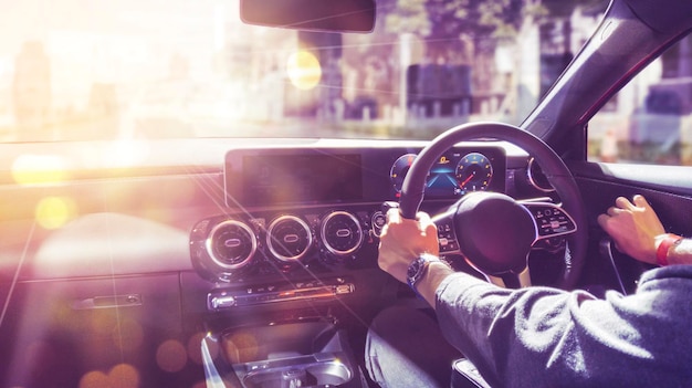 Man hands hold a steering wheel while driving