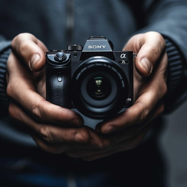 Man hands holding a camera Focus on camera Shallow depth of field