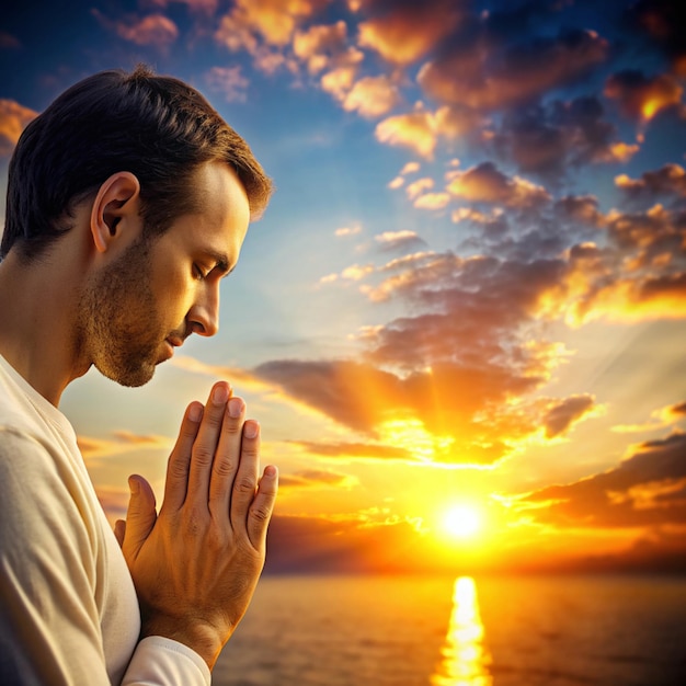 man hands praying for blessing from god on sunset background