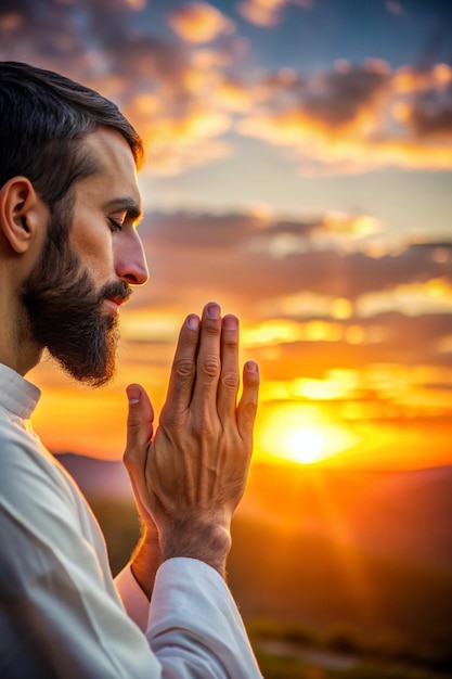 man hands praying for blessing from god on sunset background