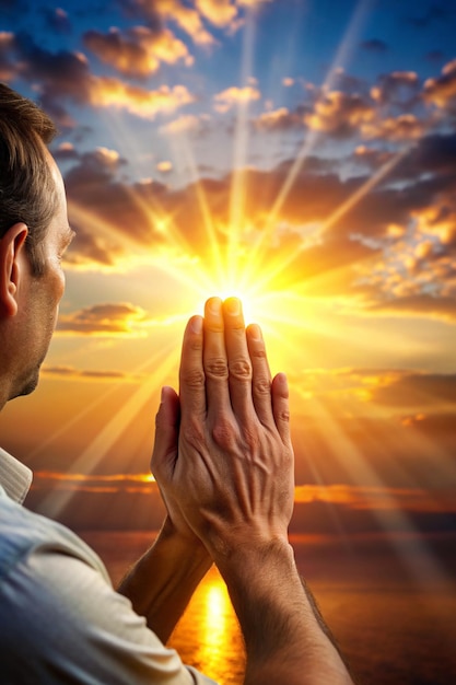 man hands praying for blessing from god on sunset background