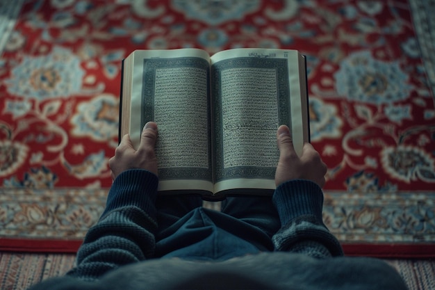 Photo man hands raised reading quran