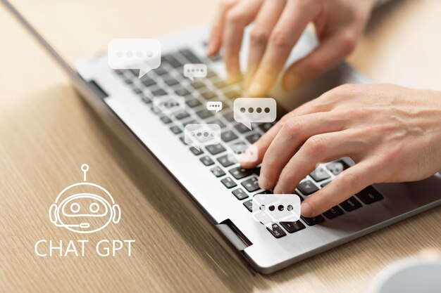 Photo man hands typing on computer keyboard using chat gpt collage