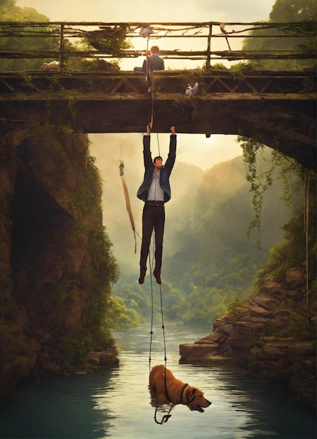 Photo a man hanging from a rope that has the word on it