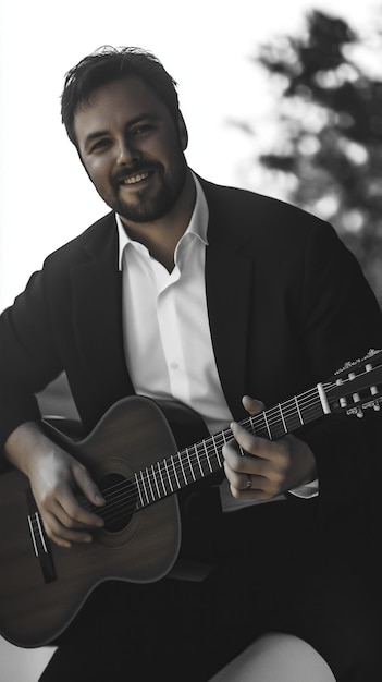 Photo man happily playing guitar in blackandwhite lit by soft natural light evoking warmth and joy of