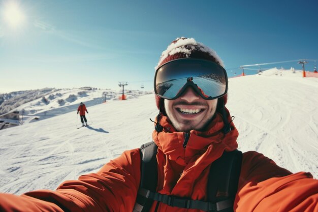 A man happily takes a selfie while skiing down a slope