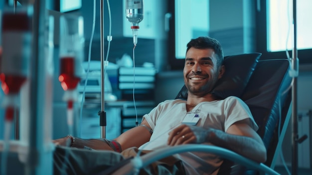 Man happy sitting in the medical chair Donating Blood