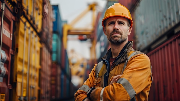 Man in Hard Hat by Shipping Containers Generative AI