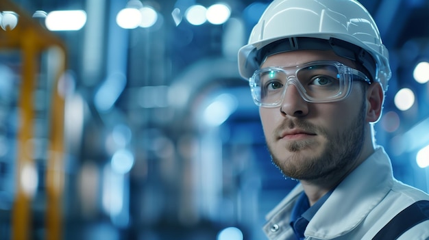 a man in a hard hat and glasses is standing in front of a blue wall