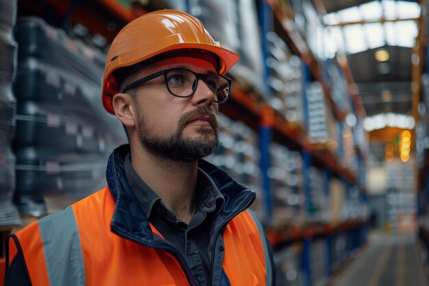 Man in Hard Hat and Glasses in Warehouse