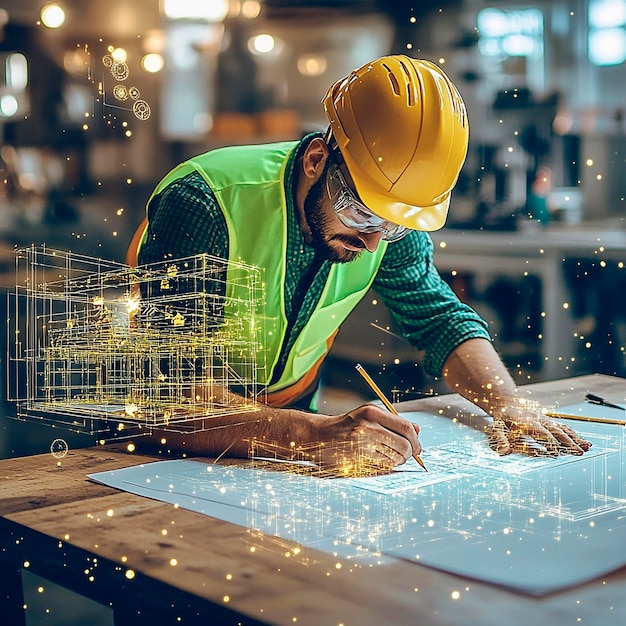 a man in a hard hat is drawing a piece of paper with a pen on it