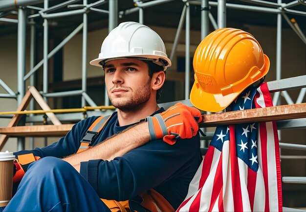 Photo a man in a hard hat is holding an american flag