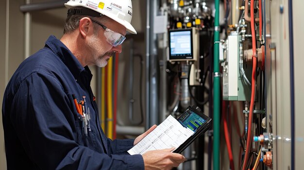 a man in a hard hat is looking at a computer screen