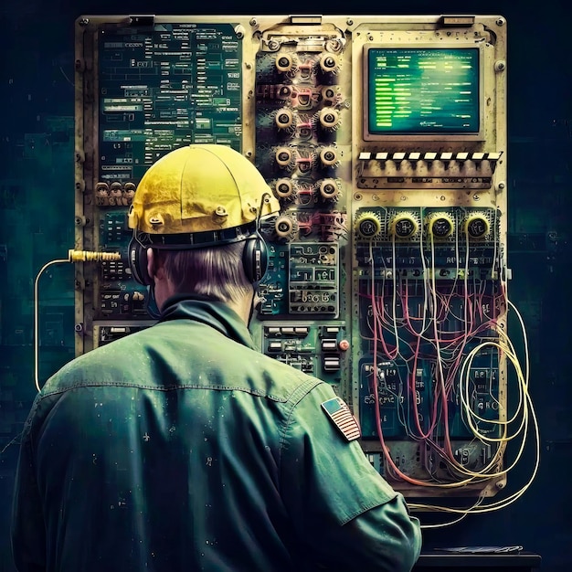 Man in hard hat is looking at control panel Generative AI