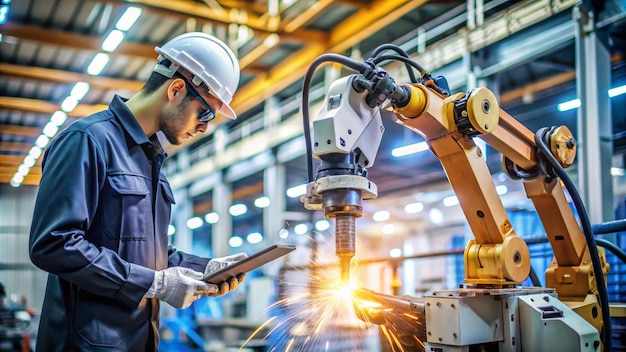 a man in a hard hat is looking at a machine that has the word quot on it quot