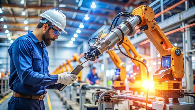 a man in a hard hat is looking at a robot