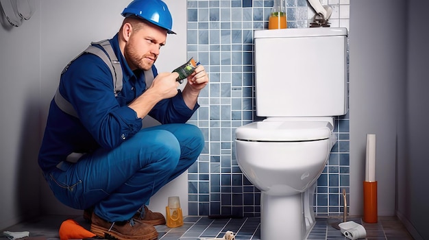 Photo a man in a hard hat is looking at a toilet