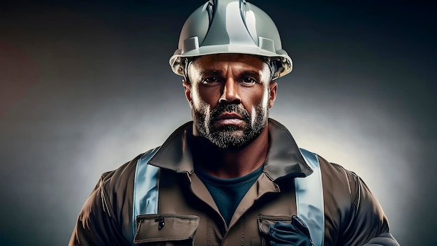 a man in a hard hat is standing in front of a black background Labor Day Tribute