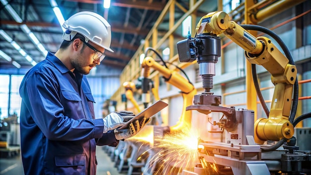 a man in a hard hat is using a machine with a machine in the background