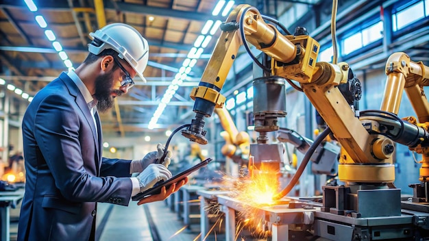 a man in a hard hat is using a tablet in a factory