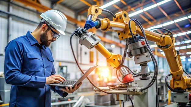 a man in a hard hat is working on a computer in a factory