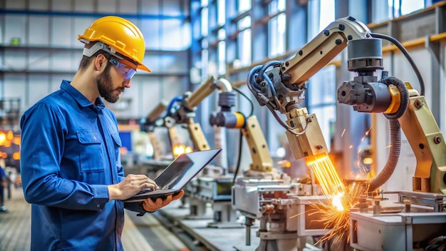 Photo a man in a hard hat is working on a laptop in a factory