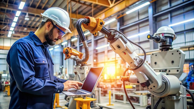 a man in a hard hat is working on a laptop in a factory