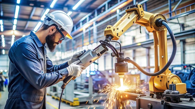 a man in a hard hat is working on a machine with a machine in the background