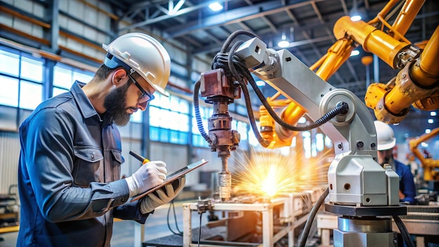 a man in a hard hat is working on a machine with a piece of metal