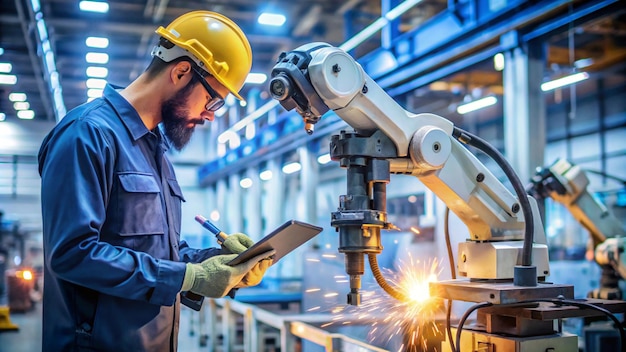 a man in a hard hat is working on a robot