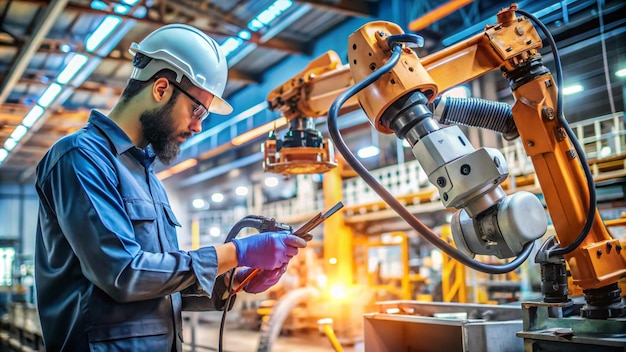 a man in a hard hat is working on a robot