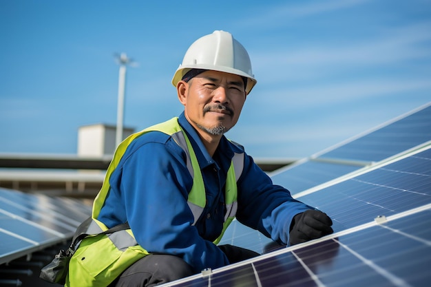 a man in a hard hat is working on a solar panel