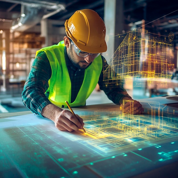 a man in a hard hat is writing on a piece of paper