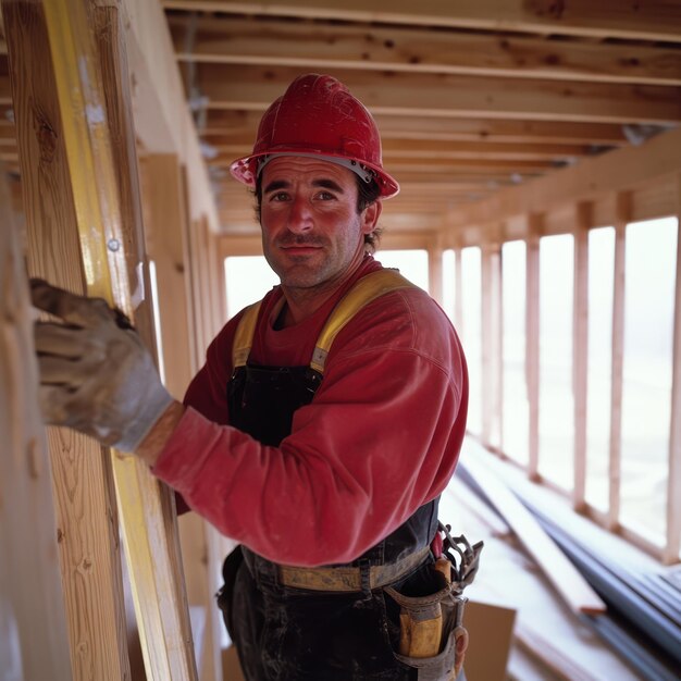 a man in a hard hat and overalls is holding a piece of wood