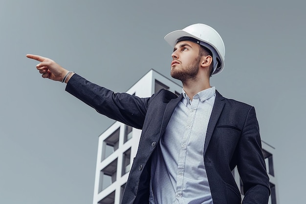 a man in a hard hat pointing to a building