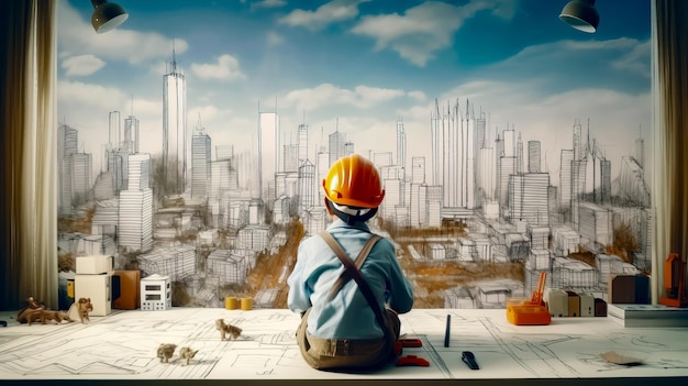 Man in hard hat sitting on table with drawing of city in the background