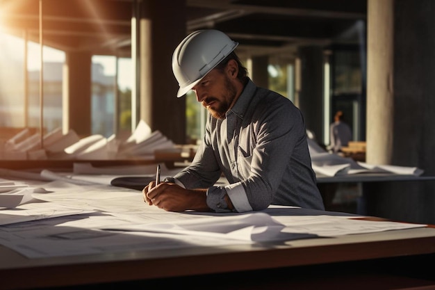 Photo a man in a hard hat sitting at a table