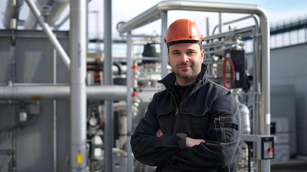 Man in Hard Hat Standing in Front of Machine