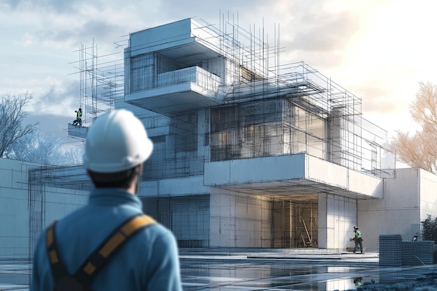 A man in a hard hat stands in front of a building under construction