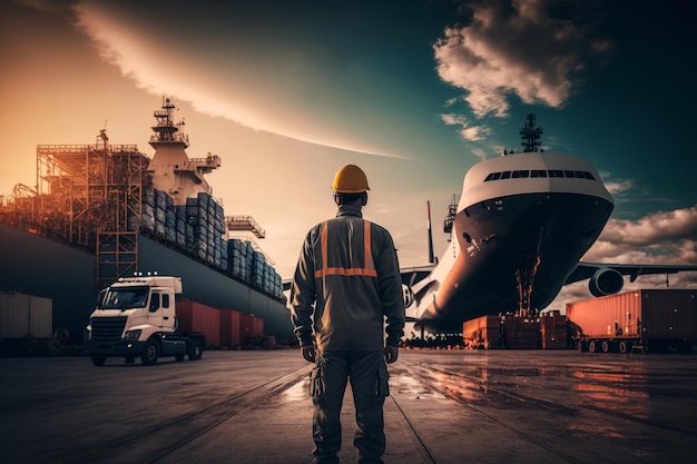 Man in hard hat stands in front of cargo ship Generative AI