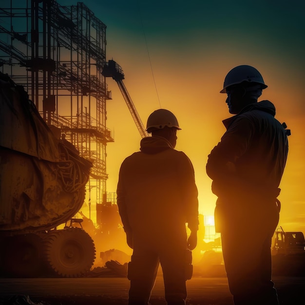 A man in a hard hat stands in front of a construction site with a building in the background.